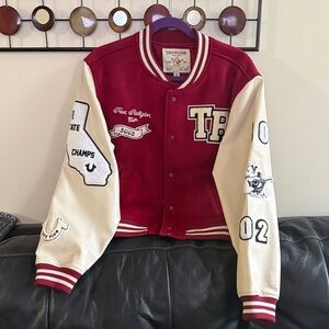 True Religion Red and Cream Collegiate Letterman Jacket